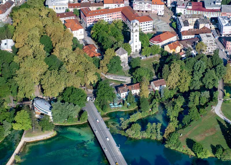 The city of Bihać, center, and the river Una